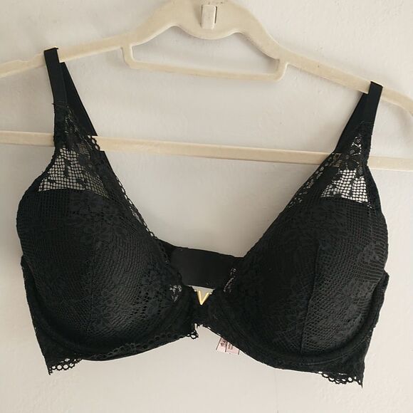 Victoria Secret Plunge Bra 36D Black Floral Lace Underwire Logo - Picture 1 of 11